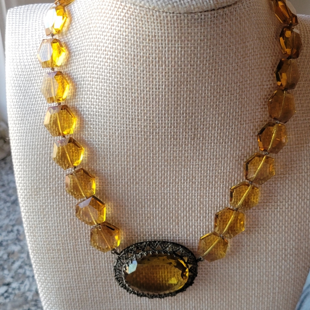 Antique Vintage Czech Amber Glass Necklace- 16 Inches